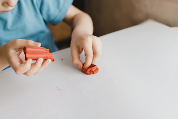 а child sculpts with plasticine from his mother