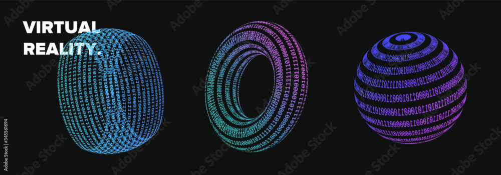 Poster Set of 3d shapes made of binary code. Concept of virtual reality, artificial intelligence. Collection of vector elements for logotype, poster, cover design in vaporwave and synthwave style.