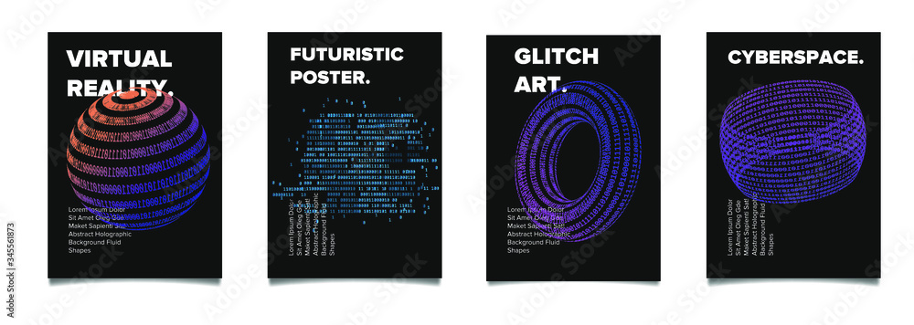 Aufkleber Set of vaporwave and synthwave style posters with binary code and 3d figures. Collection of futuristic cyberpunk covers for music, hackathon or science event.