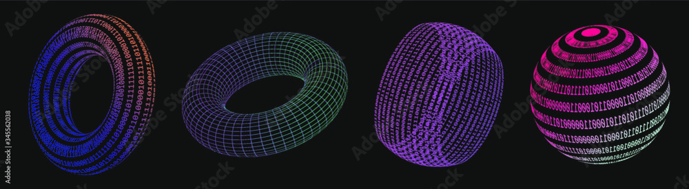 Poster Set of 3d shapes made of binary code. Concept of virtual reality, artificial intelligence. Collection of vector elements for logotype, poster, cover design in vaporwave and synthwave style.