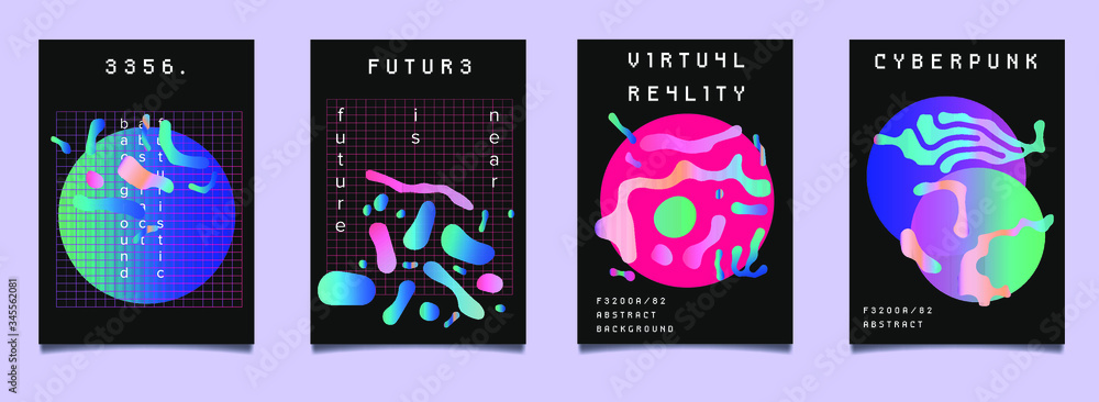 Poster Set of vaporwave and synthwave style posters with liquid blobs in holographic vibrant color tones. Collection of futuristic cyberpunk covers for electronic music party, club or bar night event.