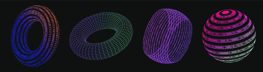 Set of 3d shapes made of binary code. Concept of virtual reality, artificial intelligence. Collection of vector elements for logotype, poster, cover design in vaporwave and synthwave style.