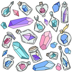 Vector set of bottles with crystals. Witch bottles with colored minerals. Magic stone