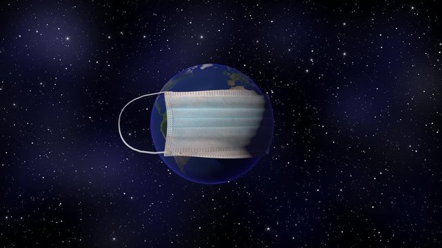 World pandemic danger. Realistic planet Earth with surgery mask overy starry backgroud