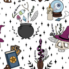 Colorful seamless pattern with magic and occult drawn symbols