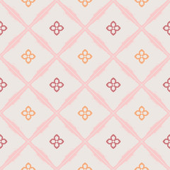 Abstract floral pattern on diamond shapes seamless vector pattern. Simple background in pastel colors for wallpaper, fabric, paper, textile. Hand drawn.