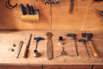 Close Up Of Carpentry Tools On Workbench In Workshop