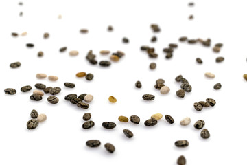Healthy grains organic Chia Seeds background. Pile nutrition food isolated on white. dieting and detoxication concept with mineral nutrients. Macro close-up shot.