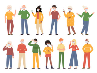 Vector illustration with standing people in medical face mask