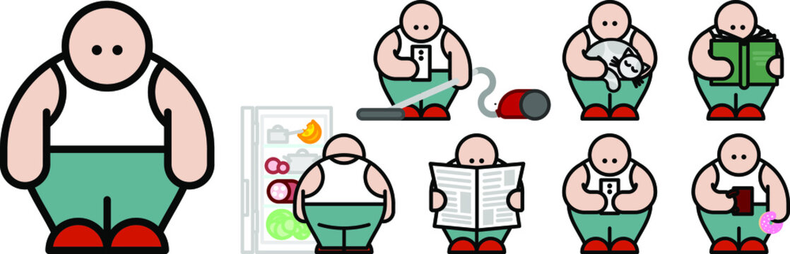 Ordinary average guy at home, wearing sweatpants, slippers and undershirt, various poses and situations, clipart set on white background