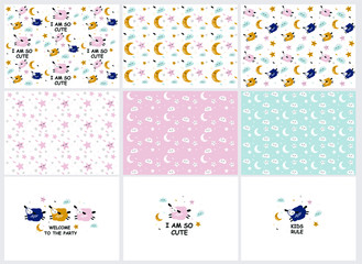 Collection Vector  pattern with cute sheep moon clouds. Night nursery background. For children, clothes, fabrics, textiles, wrapping paper, wallpaper, scrapbooking, etc.