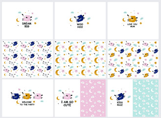 Collection Vector  pattern with cute sheep moon clouds. Night nursery background. For children, clothes, fabrics, textiles, wrapping paper, wallpaper, scrapbooking, etc.