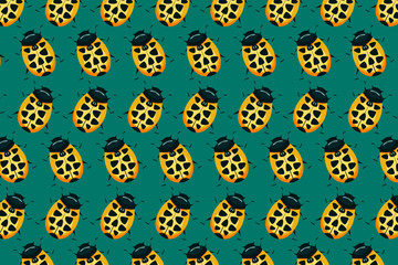 Yellow ladybird pattern on green. Insects background