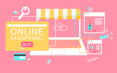 Online shopping concept. shop store show on windows screen.