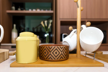 Jars and wooden rack holder stand for hanging mugs