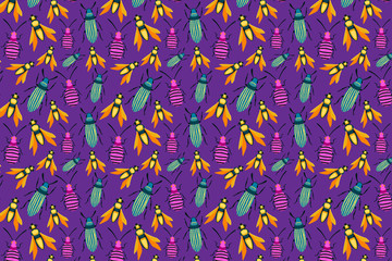 Beetles bright pattern. Insects violet background