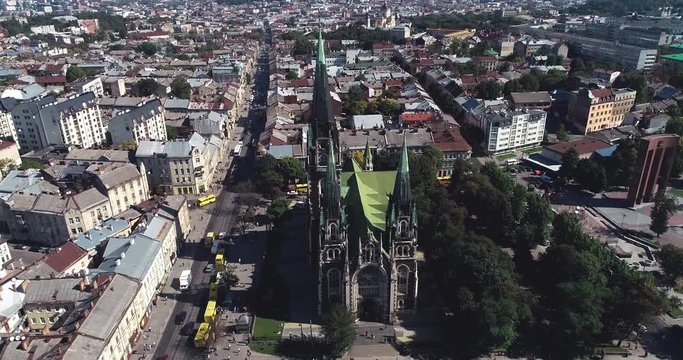 Aerial video of Saint Olga and Elizaveta Church in central part of old city of Lviv, Ukraine. Aerial view of old church and buildings.