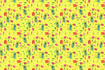 Beetles colorful pattern. Floral summer yellow background