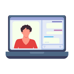 E-learning, online education at home with laptop computer. Colorful flat design vector illustration. Freelancer Video Chat Conference