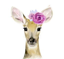 Fawn with flowers on the head. Young deer. Watercolour illustration isolated on white background.