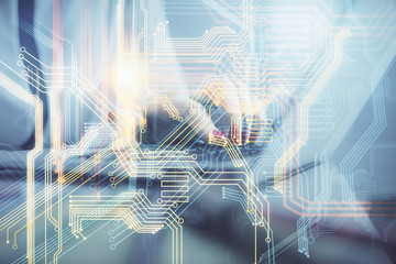 Double exposure of woman hands working on computer and world map hologram drawing. International technology business concept.