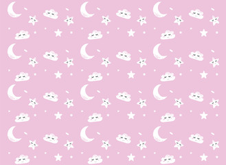 Vector  pattern with cute star, moon, clouds. Night nursery background. For children, clothes, fabrics, textiles, wrapping paper, wallpaper, scrapbooking, etc.