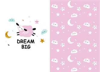 Vector  pattern with cute sheep moon clouds. Night nursery background. For children, clothes, fabrics, textiles, wrapping paper, wallpaper, scrapbooking, etc.