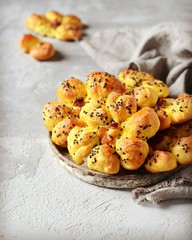 Homemade yeast pie with mushrooms on a dark wooden background, rustic style