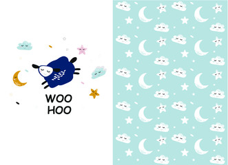 Vector  pattern with cute sheep moon clouds. Night nursery background. For children, clothes, fabrics, textiles, wrapping paper, wallpaper, scrapbooking, etc.
