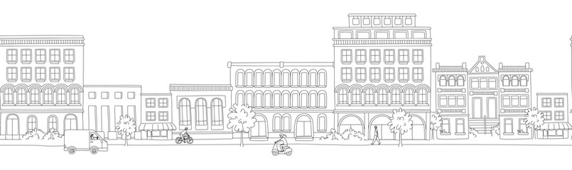 Fototapeta premium Cityscape, houses, buildings, street with pedestrians, traffic. Seamless pattern border