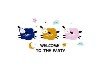 cute sheep, moon clouds. welcome to the party. vector flat baby illustration