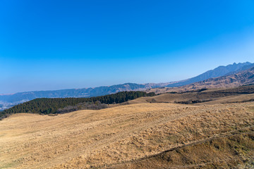 Scenery landscape on the Mount Aso highland in Aso Kuju National Park in January, Kumamoto Prefecture, Japan
