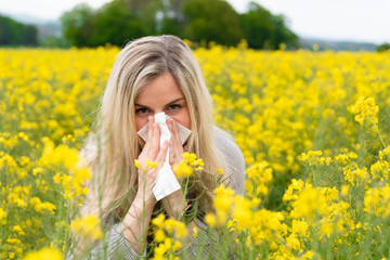 Young woman suffers from allergy in a rape field and has to sneeze