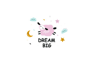 cute sheep, moon clouds. dream big. vector flat baby illustration