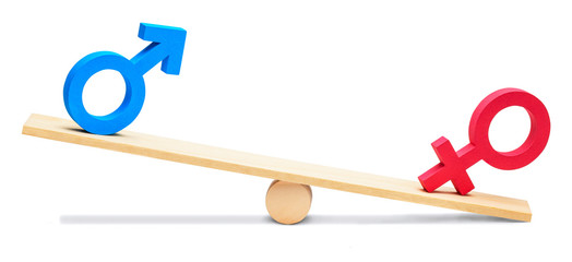 Discrimination of men. Gender symbol of man and woman on balance scales. Isolated on white.