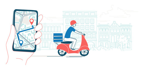 Mobile app navigator track courier delivering food by scooter