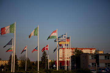 European countries flags with city background