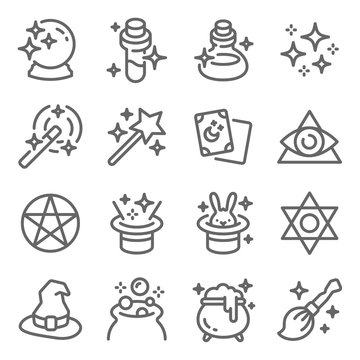 Magic symbol icon set vector illustration. Contains such icon as Magic hat, Halloween, Potion, Witchcraft, Cauldron, Illuminati and more. Expanded Stroke