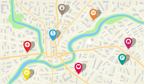 Map city with gps pins. Direction markers for navigation. Street, road, park, river on plan town. Background with location system. Urban map with information pointer, sign, arrow for travel. Vector.