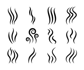 Icons of smoke. Chimney, steam, smell, aroma logos. Heat, fume, odor from grill and cooking. Odour of coffee. Perfume scent in air. Graphic swirls. Waves of emission smog, gas in line style. Vector