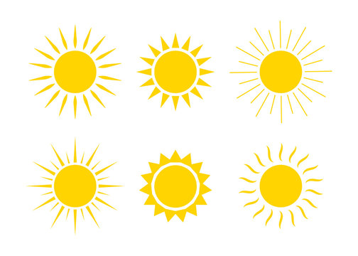 Sun logos. Icons of sunrise, sunset with sunbursts. Cute drawing of sunshine for kids. Happy spring, summer morning. Yellow and orange cartoon graphic shapes. Collection silhouettes of suns. Vector.