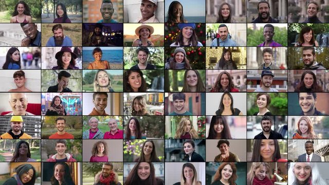 multiscreen of smiling people of different ethnicity and different age