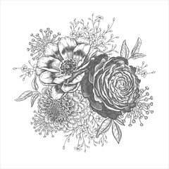 Schöne Gartenblumen. Schwarzer Blumenstrauß auf weißem Hintergrund. Jahrgang © marinavorona