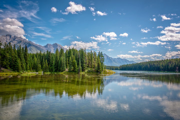 Fototapeta na wymiar Johnson lake near Minnewanka lake in Banff National Park, Alberta, Rocky Mountains, Canada