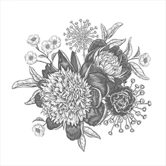 Schöne Gartenblumen. Schwarzer Blumenstrauß auf weißem Hintergrund. Jahrgang © marinavorona