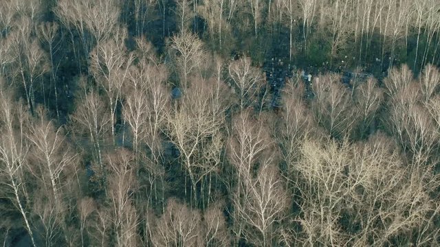 Aerial shot of a generic old Russian cemetery and leafless trees in spring