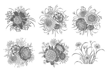 Beautiful garden flowers. Black bouquets on white background. Vintage set