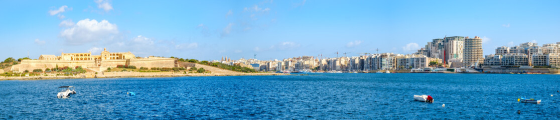 Fototapeta na wymiar Panoramic view of the Manoel Island and Sliema city, seen from Vallette city, Malta