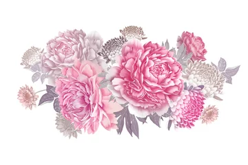 Blumenstrauß aus schönen Gartenblumen. Pfingstrosen, Rosen und Astern. Jahrgang. © marinavorona