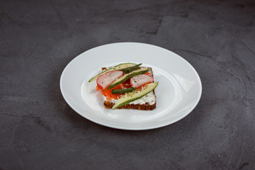 Delicious sandwich on the white plate.